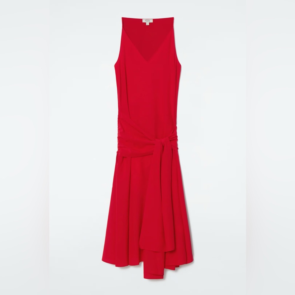 NWT COS Red Silk Asymmetrical V neck Midi Dress with side tie - Picture 3 of 5